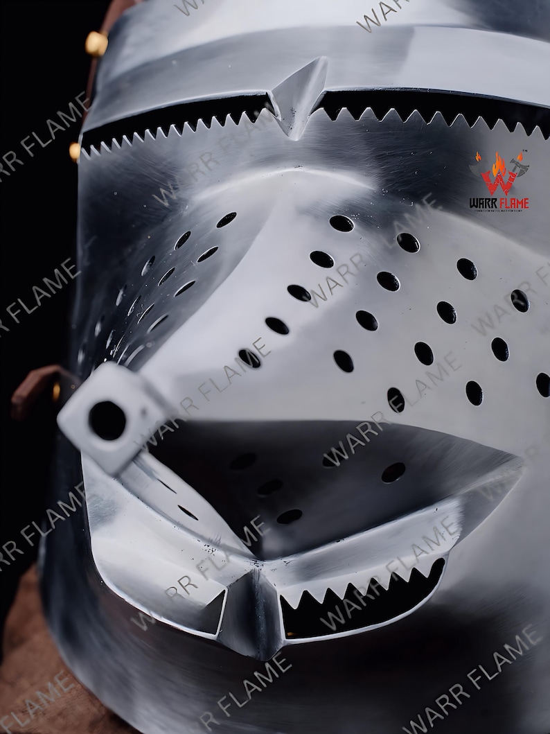 Close-up of visor and rivets – antique finish steel armor helmet
