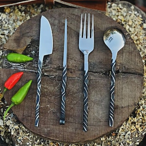 Hand-Forged Medieval Eating Utensil Set – Knife, Fork, Spoon & Pick with Leather Sheath Handmade Viking Cutlery for LARP Camping
