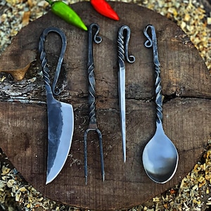 Medieval Hand-Forged Utensil Set – Knife, Fork, Spoon, Pick – Viking Eating Kit with Leather Sheath – LARP, Camping, Historical Reenactment