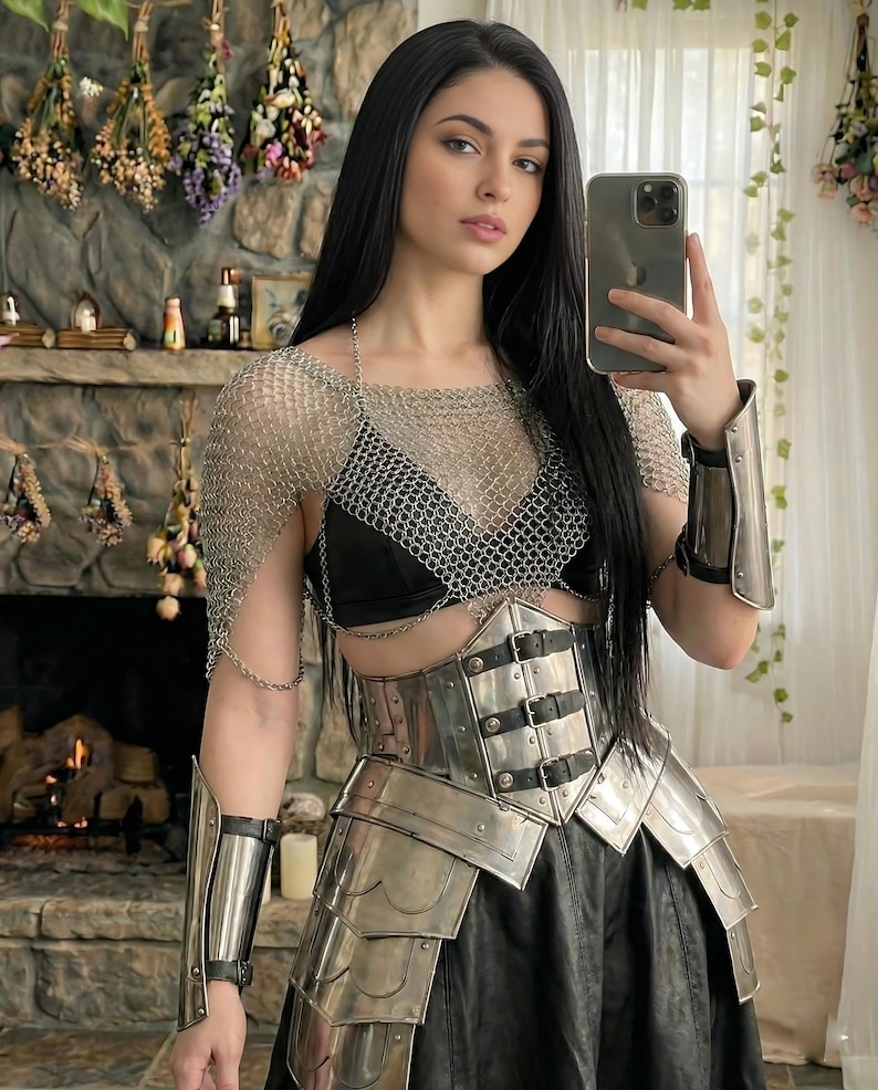 Women’s chainmail top armor with waist tassets and steel arm bracers, Renaissance Faire knight armor cosplay accessories fantasy dress Halloween ren faire Lord of the Rings Final Fantasy gift for her