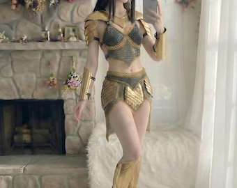 Conjunto de armadura de cota de malla femenina, vestido de fantasía Ren Faire dorado y negro para cosplay