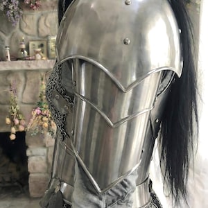 May include: Polished steel shoulder armor with riveted accents and a layered design. The armor features a curved shoulder plate and articulated arm protection, with chainmail visible at the edges. A medieval-themed product.