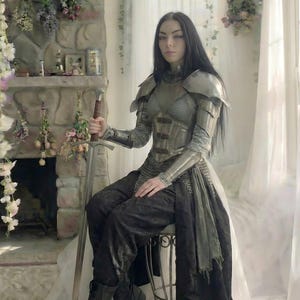May include: A person in medieval-style armor, seated and holding a sword. The armor is silver-toned with chainmail accents. The person wears black pants and boots. The background includes a stone fireplace and hanging dried flowers.