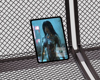 Weibliche Cyberpunk-Charakterzeichnung Neon City Rain Sci Fi Gaming Dekor (digitaler Download)
