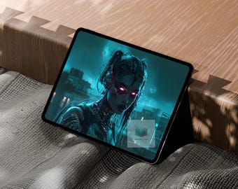 Cyberpunk Dark Female Cyborg Wall Art Neon Sci Fi Digital Download Futuristic Gamer Room