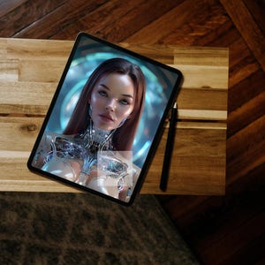 May include: A digital tablet displaying a futuristic portrait of a woman with long brown hair and blue eyes. She is depicted with metallic cybernetic enhancements. The tablet and stylus rest on a wooden surface.
