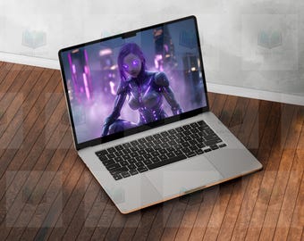 Muurdecoratie met een vrouwelijke cyborg-krijger in paars neon, cyberpunk-stijl, perfect voor je gamekamer (digitale download).