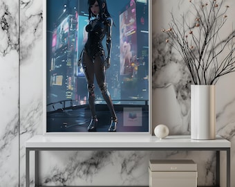 Cyberpunk Android Woman Art Print Neon City Sci-Fi Futuristic Wall Decor Digital Download