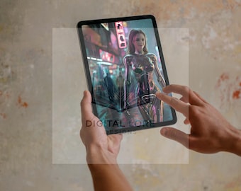 Chrome Robot Woman Wall Art Cyberpunk Neon City Android Futuristic Decor (digital download)