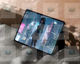 Cyberpunk Android Woman Art Print Neon City Sci Fi Futuristic Wall Decor (digital download)