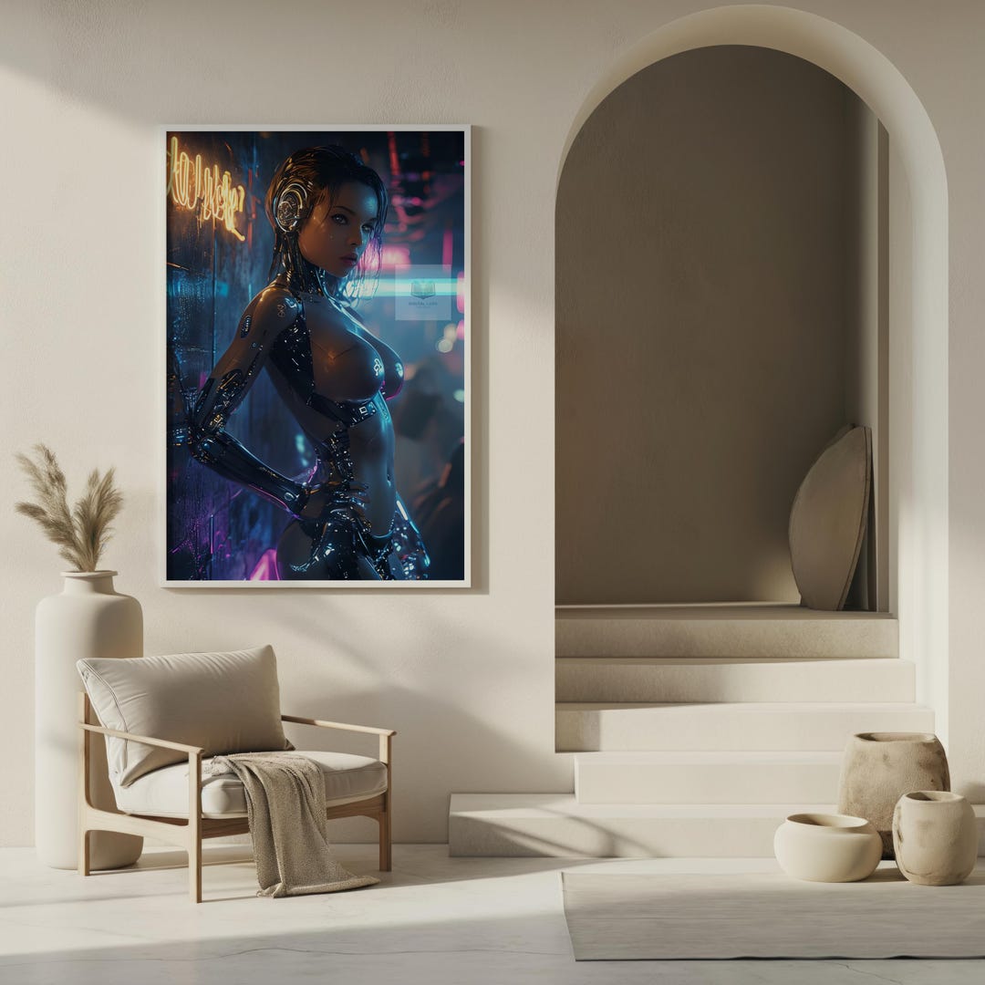 Cyberpunk Android Portrait Digital Art Print Neon Rain City Sci-fi ...