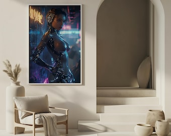 Cyberpunk Android Portrait Digital Art Print Neon Rain City Sci-Fi Futuristic Wall Decor