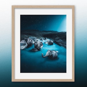 Crepuscolo a Elephant Rocks – Arte murale surreale della fauna selvatica, stampa di paesaggi fantasy, foto dell'Australia occidentale, decorazione di paesaggi da sogno con elefanti