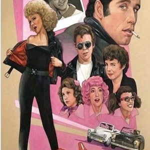 May include: Poster art for the movie Grease, featuring illustrations of the main characters. The artwork includes the word "Grease" in a stylized font, with images of classic cars and a pink background.