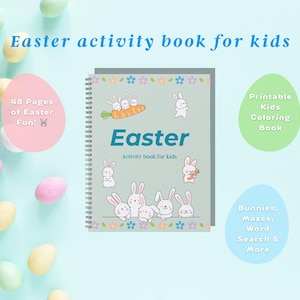 Può includere: Un libro rilegato a spirale blu e bianco con il titolo "Easter Activity Book for Kids". La copertina presenta un'illustrazione di coniglietti che tengono carote. Il libro contiene 48 pagine di divertimento pasquale, tra cui coniglietti, labirinti, parole crociate e altro ancora.