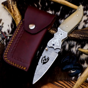 Handmade Damascus Liner lock folding knife with Bone Handle Pocket knife Groomsman Gift Birthday Anniversary Gift For Men & Dad Gift for Him