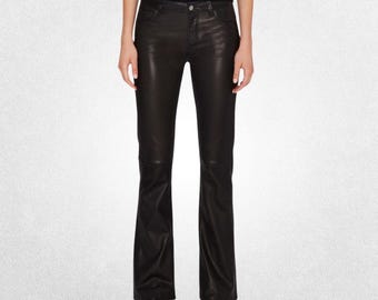 Black Lambskin Leather Bootcut Pants - Women's Sleek Fashion