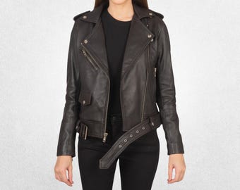 Women's Black Cowhide Leather Biker Jacket with Removable Belt