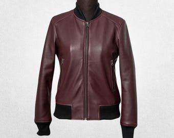 Women’s Maroon Bomber Leather Jacket – Classic Style with Dual Pockets