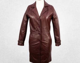 Women’s Single-Breasted Maroon Trench Coat with Notch Lapel – Genuine Cow Leather