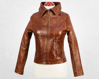 Classic Women’s Brown Distressed Leather Jacket with Collar