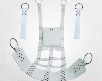 White Leather Heavy-Duty Adult Sex Sling Swing with Stirrups | Mountable Suspendable BDSM Luxury Play