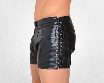 Men's Black Cowhide Leather Shorts with Side Lace-Up Design - Motorcycle Biker Riding Gear