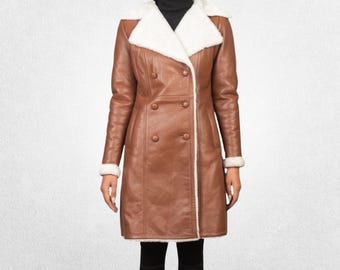 Women’s Double-Breasted Shearling Coat with Leather Button Closure – Genuine Cow Leather