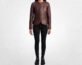 Women’s Quilted Maroon Genuine Leather Jacket