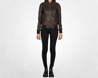Brown Leather Bomber Jacket - Women's Rub-Off Finish