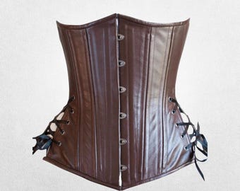 Women's Brown Slim-Fit Leather Corset with Side & Back Lacing - Gothic Waist Training Top
