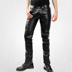 Men’s Skinny Black Leather Pants with Front Zipper Closure | Sleek Premium Leather Trousers, Stylish Fit & Ideal Gift for Him