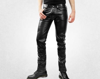 Men's Skinny Black Leather Pants Zipper Front Tube Cut Fitted Trousers Clubwear Streetwear