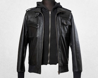 Men’s Black Leather Jacket with Detachable Hoodie – Stylish & Versatile Design