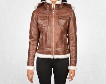 Women’s Shearling Brown Hooded Leather Jacket with Zipper