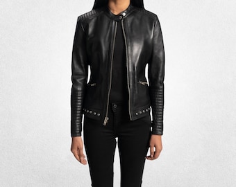 Ladies Bikers Style Jacket in Black Genuine Leather with Stand Collar and Front Zip