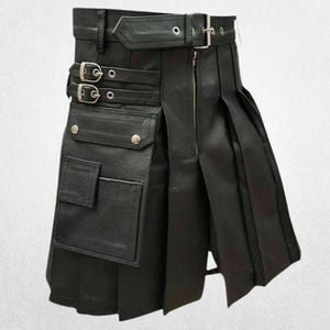 Men&#39;s Black Genuine Leather Pleated Kilt: Adjustable Waist