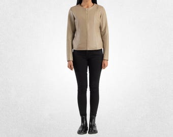 Women’s Beige Leather Jacket with Modern Collarless Design