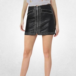 Handmade Studded Black Leather Mini Skirt: Punk Rock Clubwear