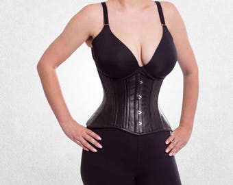 Women's Black Leather Underbust Corset - Classic Standard Fit Waist Training Gothic Steel Busk Cincher