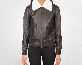 Women’s Classic Brown Leather Bomber Jacket with Front Zipper Closure
