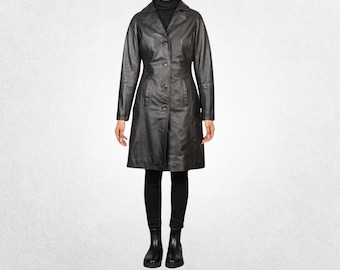 Women’s Double-Breasted Black Leather Trench Coat – Genuine Cowhide Leather