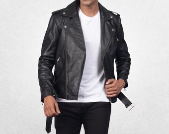 Men's Genuine Cowhide Leather Biker Jacket - Zipper Front, Notch Collar