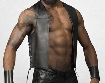 Handmade Black Leather Bar Vest | Men's Biker Fashion