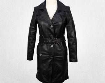 Women’s Black Leather Trench Coat with Adjustable Waist Belt – Genuine Cow Leather