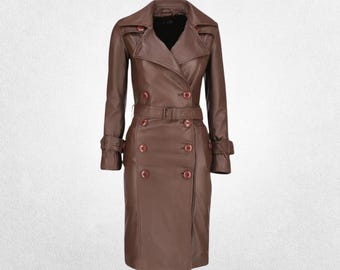 Women’s Brown Real Leather Coat with Button Finish