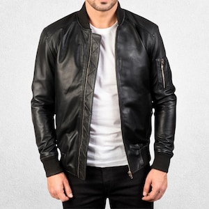 Black Bomber Jacket for Men in Real Leather with Rib-Knit Accents