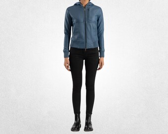 Women’s Blue Bomber Jacket in Genuine Leather with Hood