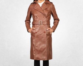 Women’s Stylish Brown Leather Coat with Double-Breasted Closure