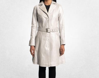 Women’s White Leather Trench Coat with Quilted Lining & Button Closure – Genuine Cow Leather